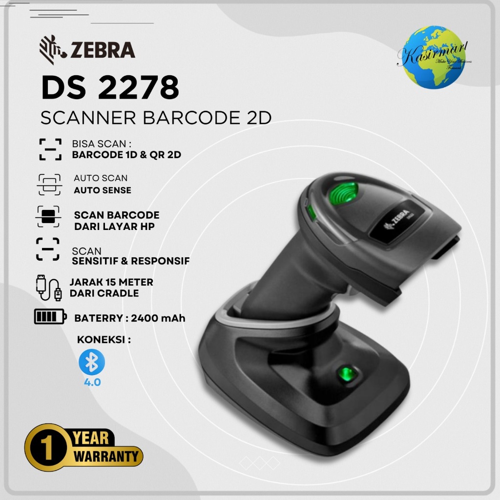 Zebra DS2278 Barcode Scanner Bluetooth Wireless 2D USB Scan Barcode QR Pergudangan Stok Opname