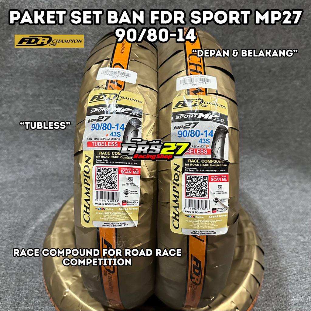PAKET SET BAN FDR SPORT MP27 SOFT COMPOUND 90/80-14 DEPAN DAN BELAKANG TUBLESS ROAD RACE FDR MP27 RI