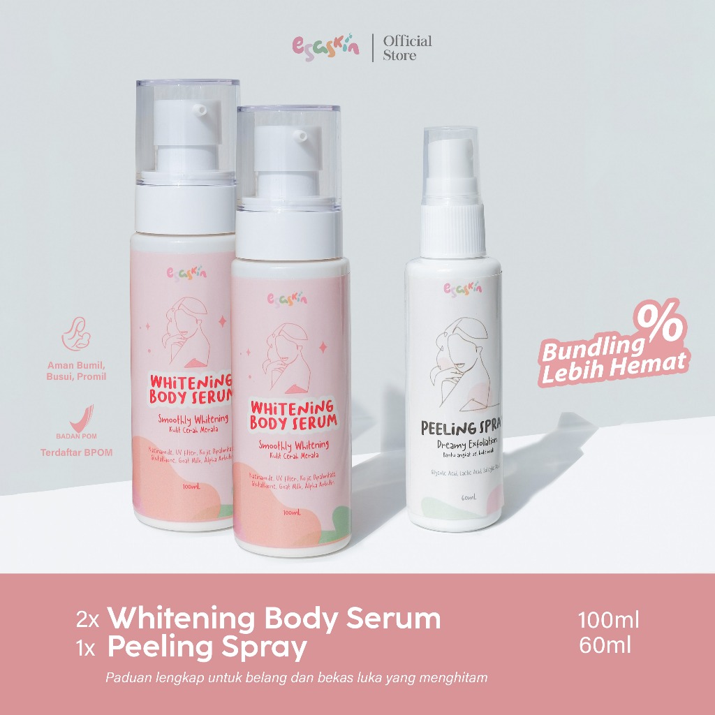 Esaskin (Free gift) Paket Lengkap Bekas Luka Menghitam whitening Body Serum dan Peeling Spray (2BS+1