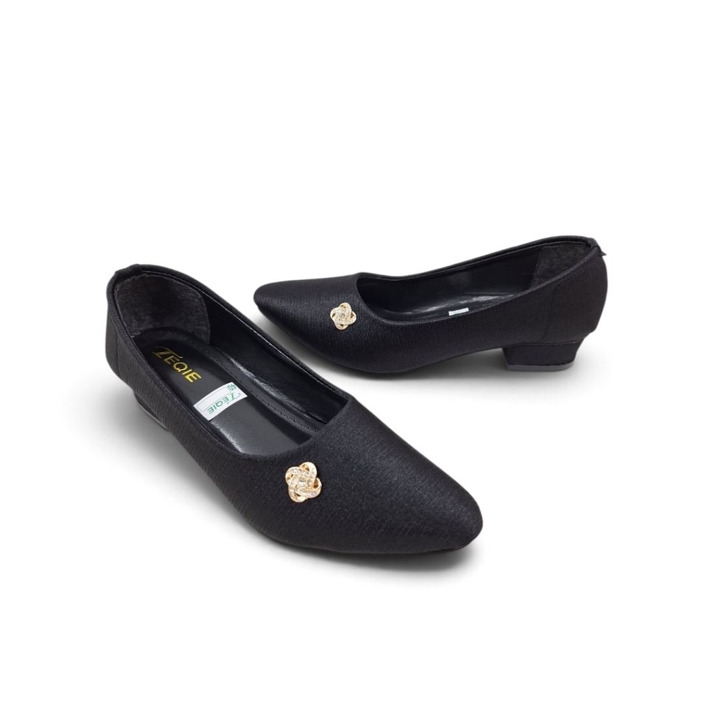 Sepatu Wanita Heels 3cm Pantofel Hitam Bahan Satin Sol Karet Non Slip Pansus Kerja Guru Kantoran R20