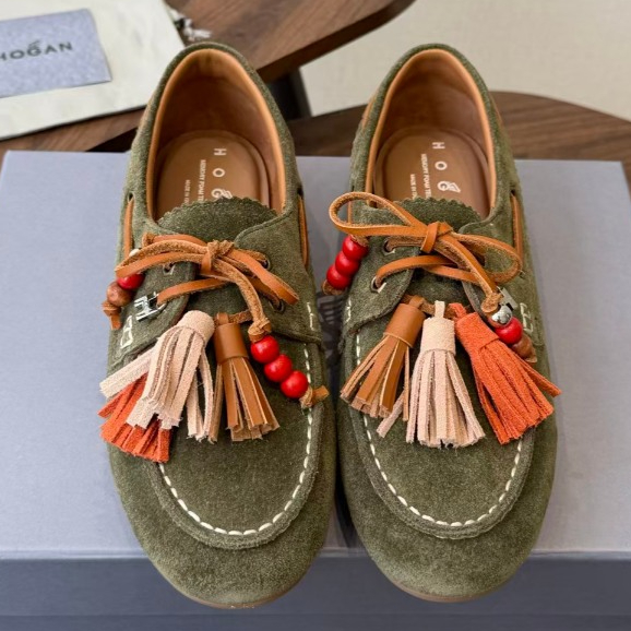 [Pre order] Women's shoes HOGAN Olympia suede leather suede fringe bead sailboat shoes 3.2cm bean sh