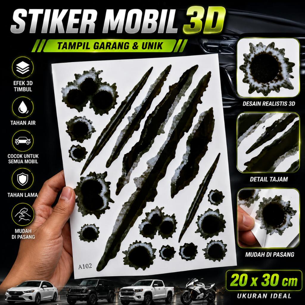 Sticker Vinyl Bullet Hole Claw 3D Waterproof Stiker Lubang Peluru Cakar Mobil Motor Helm Laptop Kope