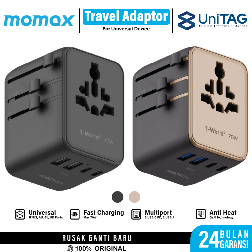 Momax Universal Travel Adaptor Mini 1-World² 5-Port USB- A&C GaN Travel Charger 70W Fast Charging
