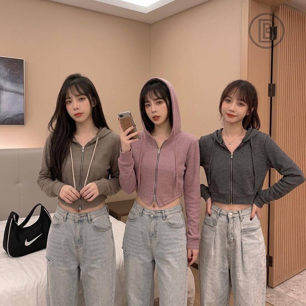 Hoodie knit crop top  sweateer Double Zipper Crop Pakaian Wanita kekinian