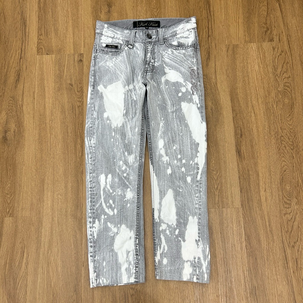 Karl Kani Jeans Wanita Bleached Wash Original Celana Denim Y2K Streetwear Grey White