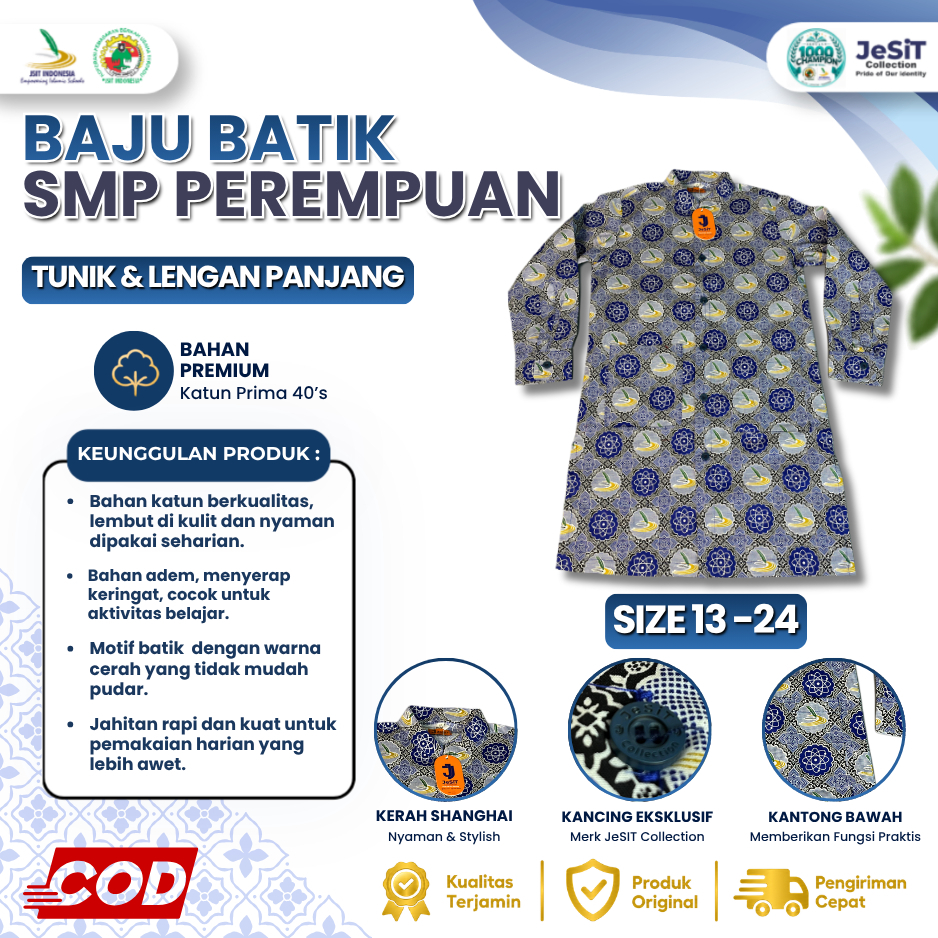 Seragam Batik JSIT SMP Perempuan |  Warna Biru - Lengan Panjang & Tunik - Katun Prima | 100% ORI Mer