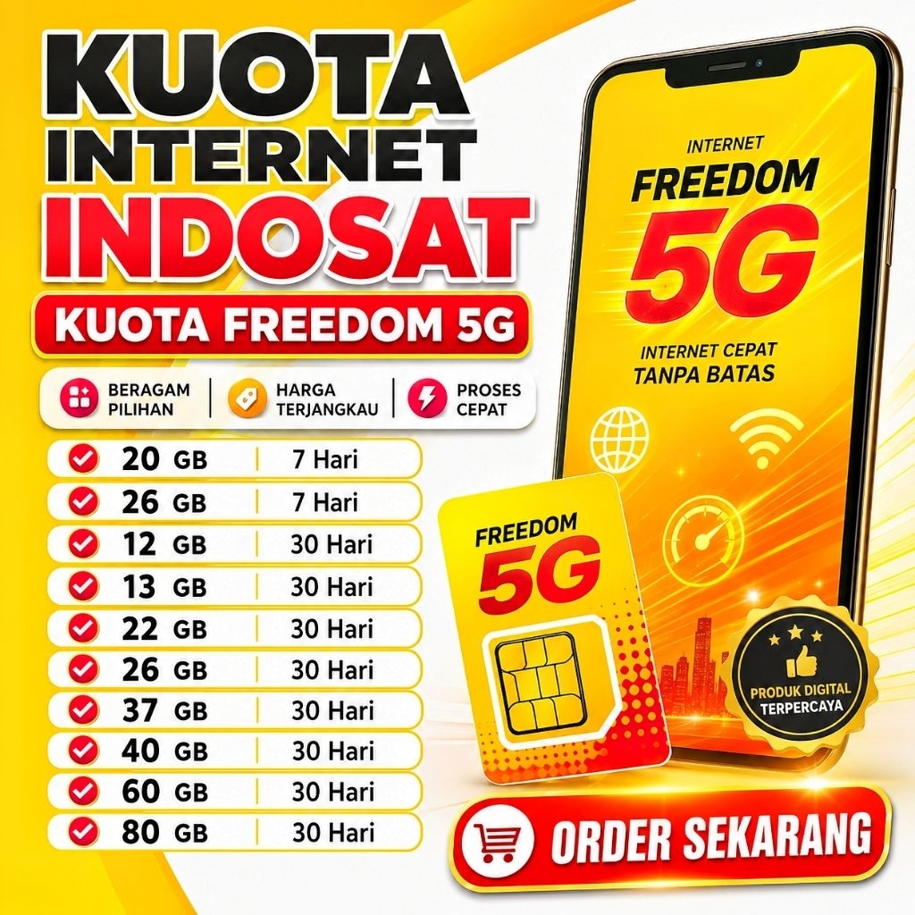 Kuota Internet Indosat Freedom 5G 12 GB - 80 GB Masa Aktif 7 - 30 Hari Hari Paket Internet Bulanan I