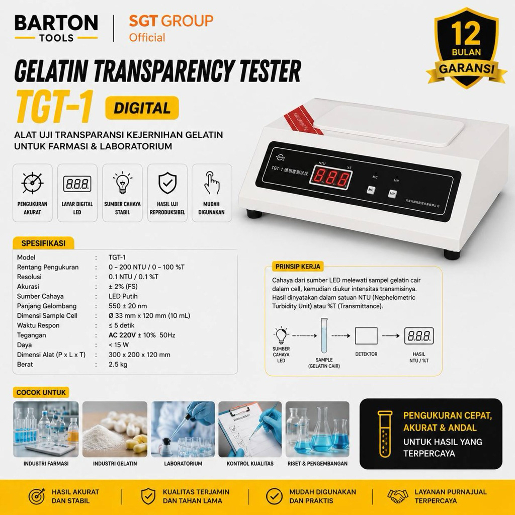 B ONE TGT-1 Gelatin Transparency Tester Digital Alat Uji Kejernihan Gelatin Farmasi Laboratorium QC