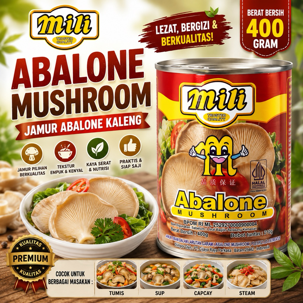 MILI ABALONE MUSHROOM 400 GR - ABALONE KALENG - JAMUR KALENG