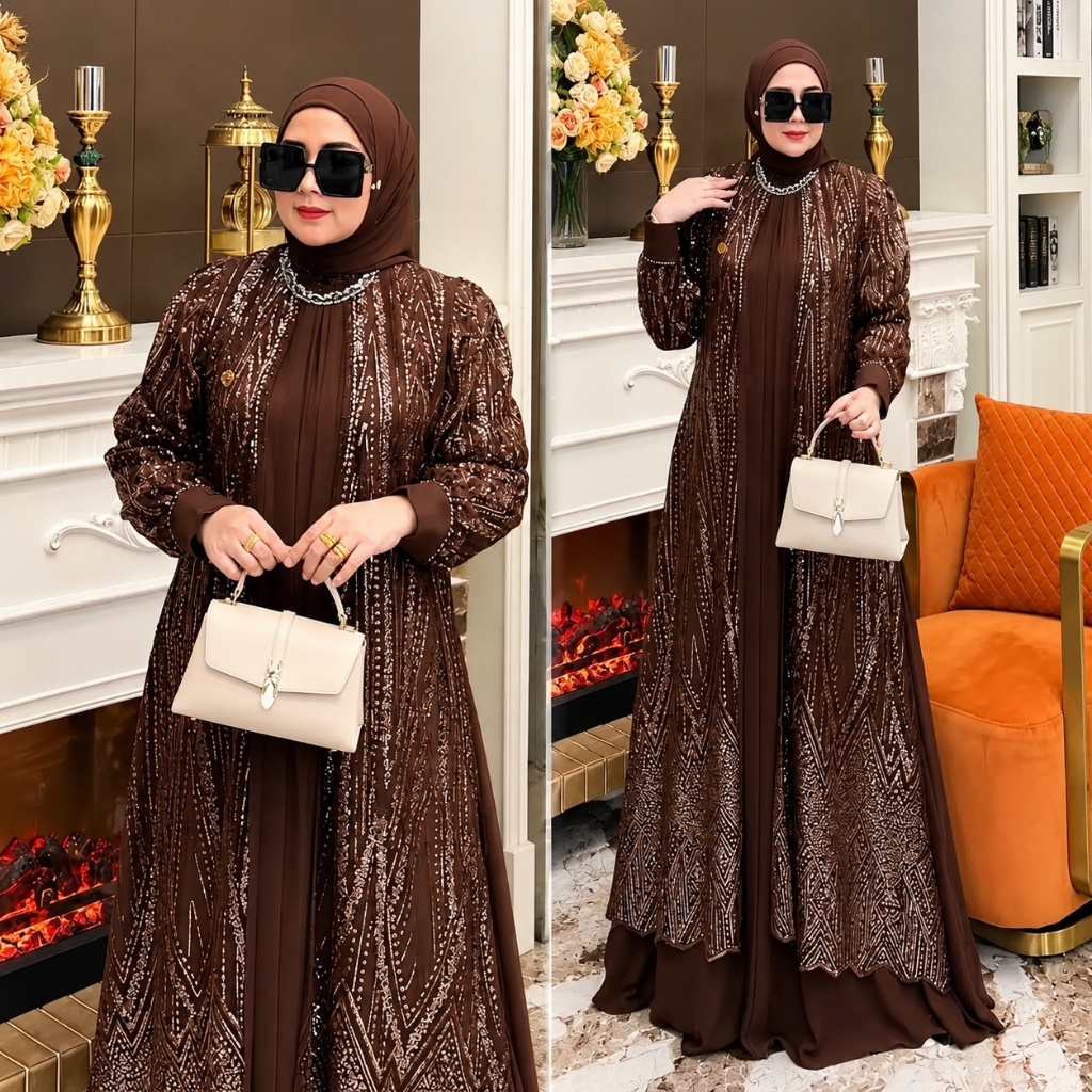 Baju Gamis 2026 Model Terbaru Naura Dress Pesta Mewah Elegan Gamis Mahogany Terbaru