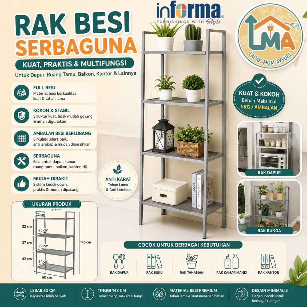Informa Rak Besi /Rak Dekorasi Full Besi Ukuran Lebar/ Rak Dapur / Rak Bunga / Rak Buku / Rak Besi