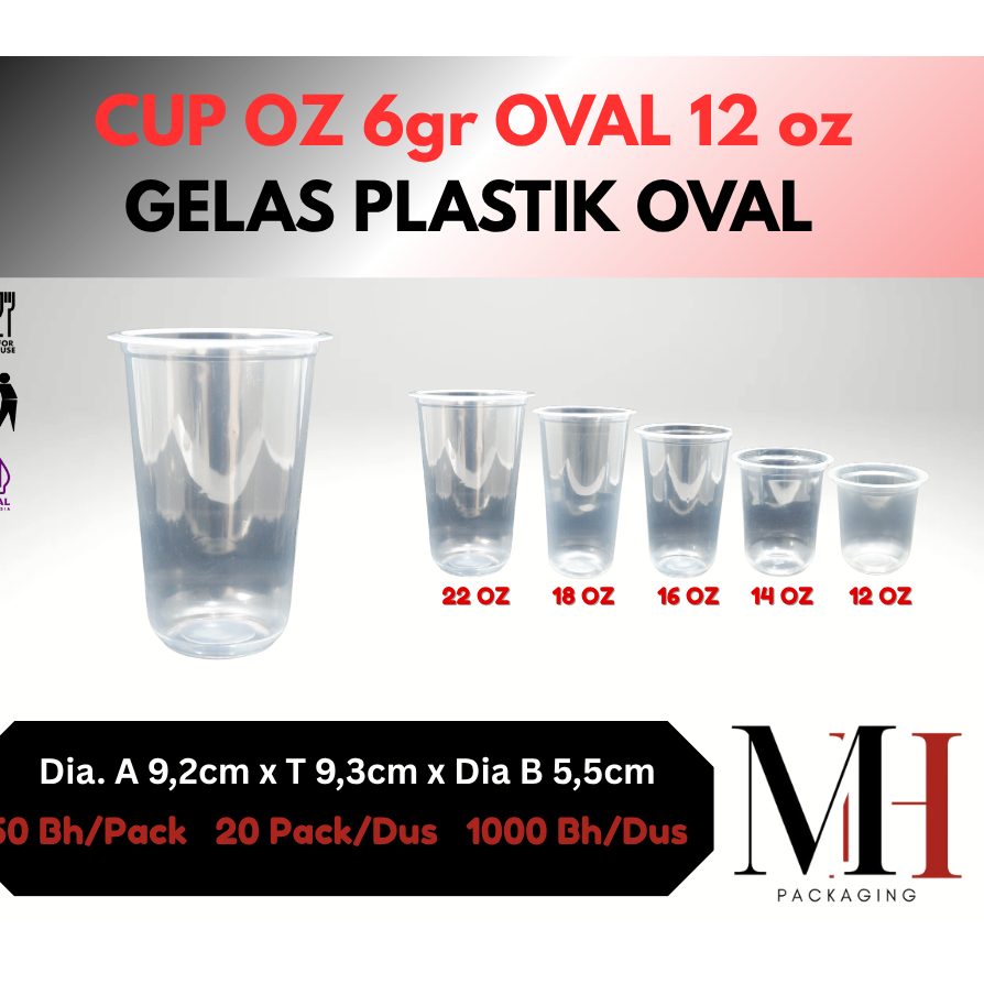 DUS KARGO Gelas Plastik Oval Bening 12oz 14oz 16oz 18oz / Gelas Cup Plastik Oz Bening