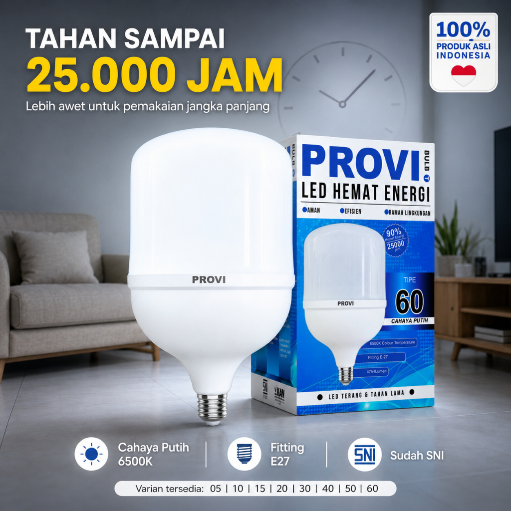 PROVI Lampu LED Tabung Jumbo Bulb T 60W - 05W – 6500K Putih Terang | Hemat Energi 90% | SNI E27