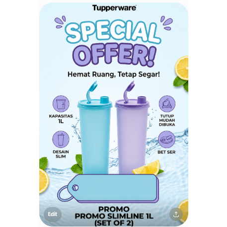 Tupperware Slimline 1L Set of 2 Original | Botol Minum BPA Free | Tumbler Air Minum 1 Liter