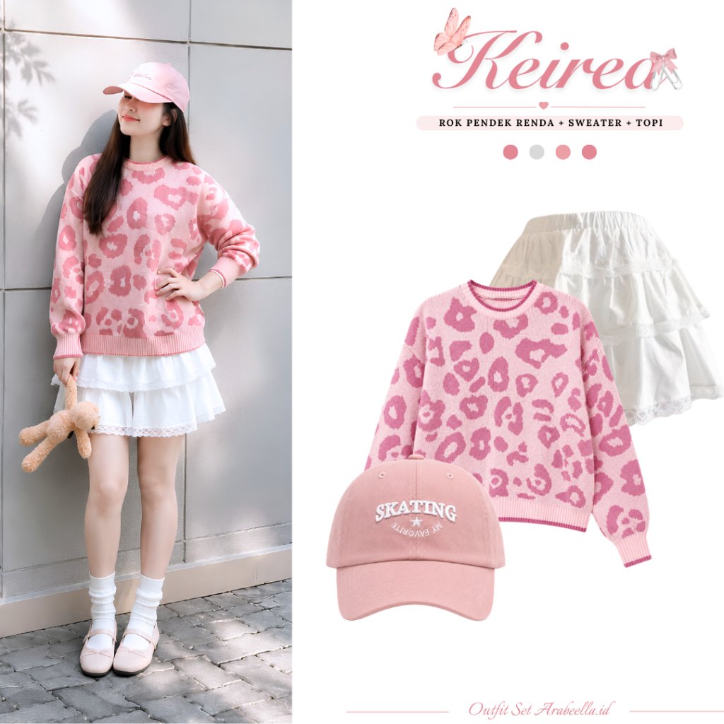 Setelan Korean Wanita Keirea ( Rok Pendek Renda + Sweater Leopard + Topi Pink Skating ) One Set OOTD