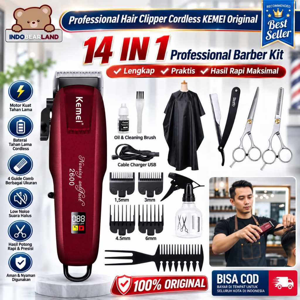 Alat Mesin Cukur Rambut Baterai Cas Tanpa Kabel Professional Hair Clipper Cordless KEMEI Original