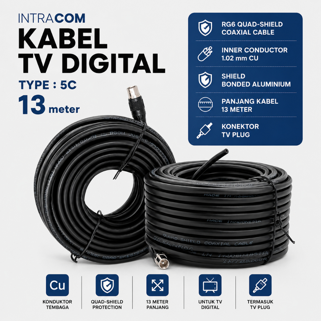 Kabel Antena TV Digital Intracom 5C 13 Meter + Jack TV Kabel Coaxial UHF HDTV Smart TV RF