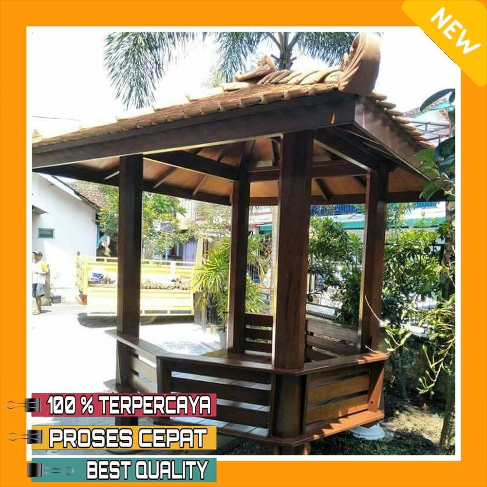 Saung Taman Model Sandaran Segi 6 Tiang 4 Ukuran 200x200 cm Kayu Kelapa Atap Genteng Tanah Model Lun