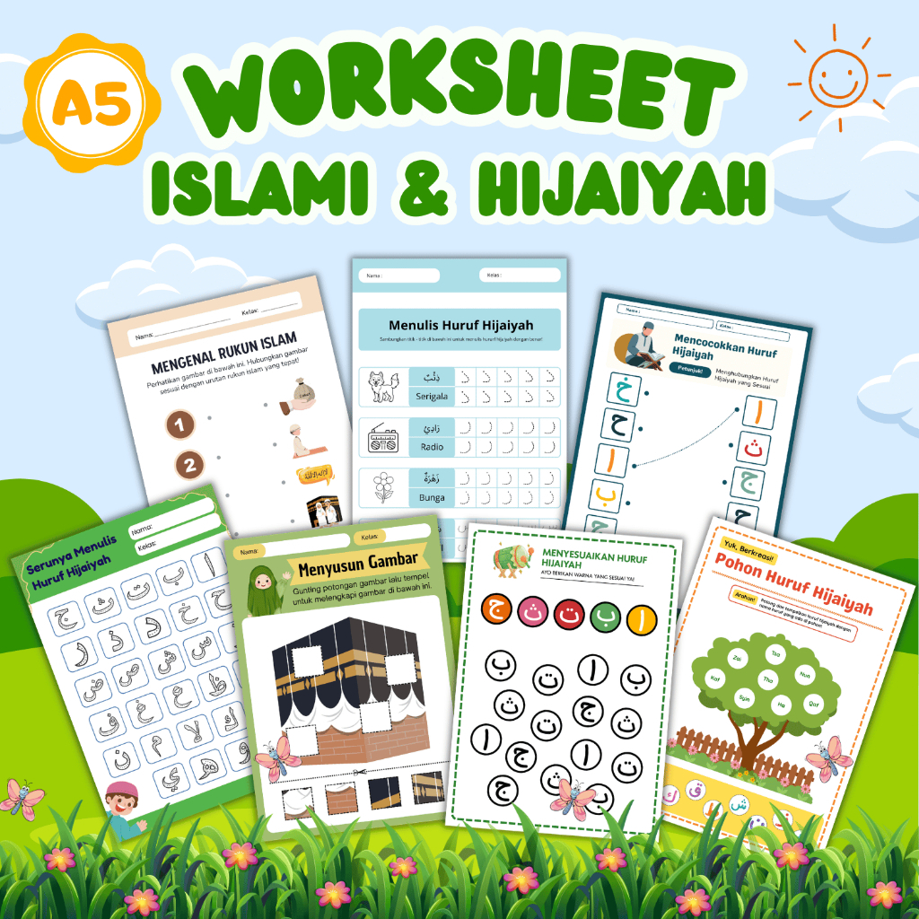 Worksheet Hijaiyah & Dasar Islam Anak TK PAUD SD Lembar Edukasi Belajar Rukun Iman Sholat Preschool 
