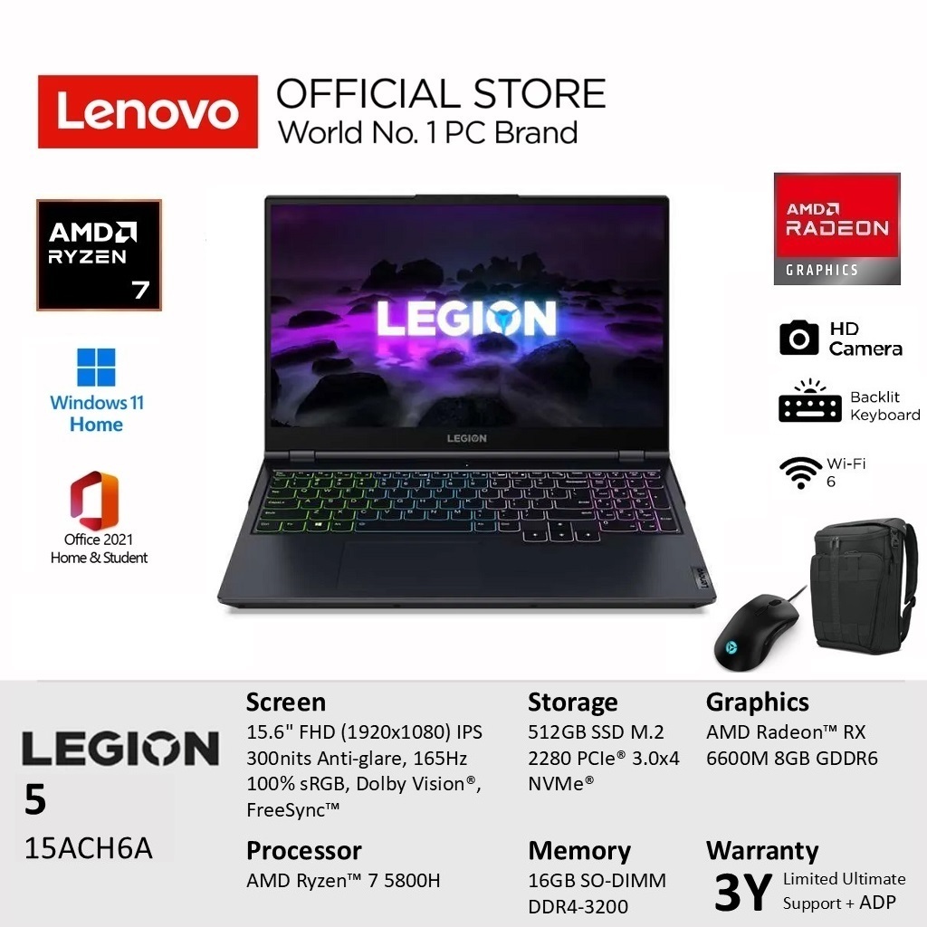 Lenovo Legion 5 AMD Ryzen 7 5800H 16GB 512GB RX 6600M 8GB W11+OHS 15.6" Include Asuransi