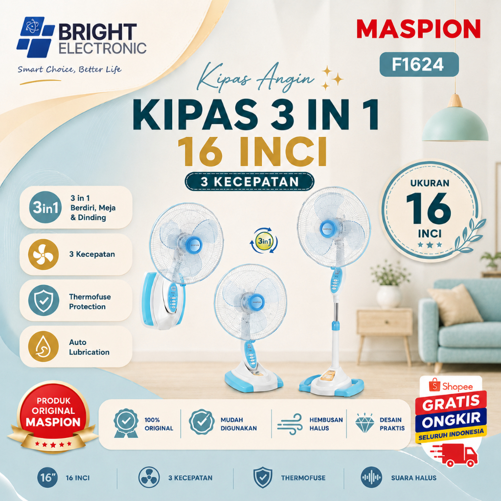 MASPION KIPAS ANGIN  F 1624  16 Inch (3 in 1)  STAND FAN MASPION/F1624/F-1624/F 1624 S/1624S
