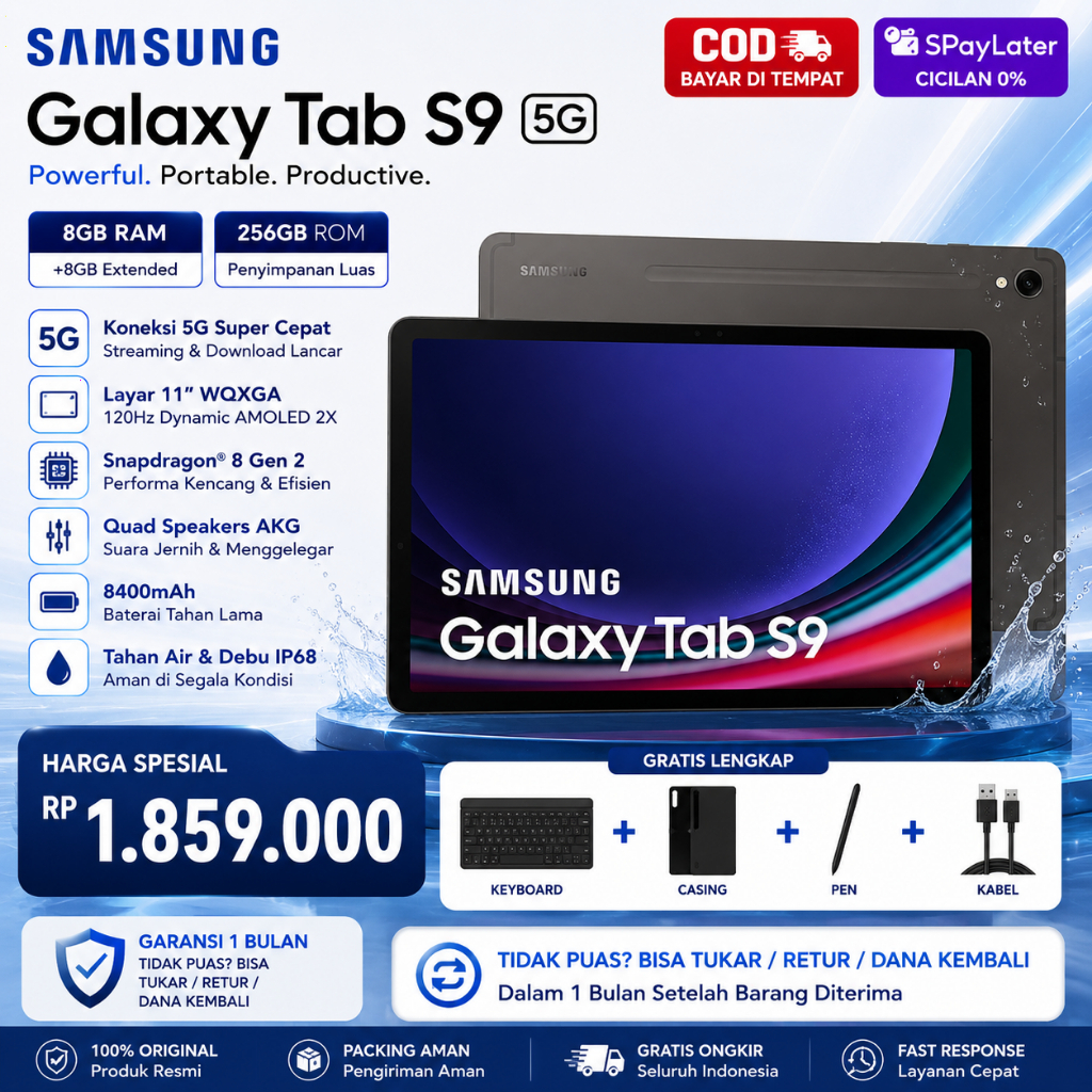 Samsung Galaxy Tab S9 Tablet | Layar Besar AMOLED 11” | Snapdragon | Keyboard + S Pen | 15000mAh Bat