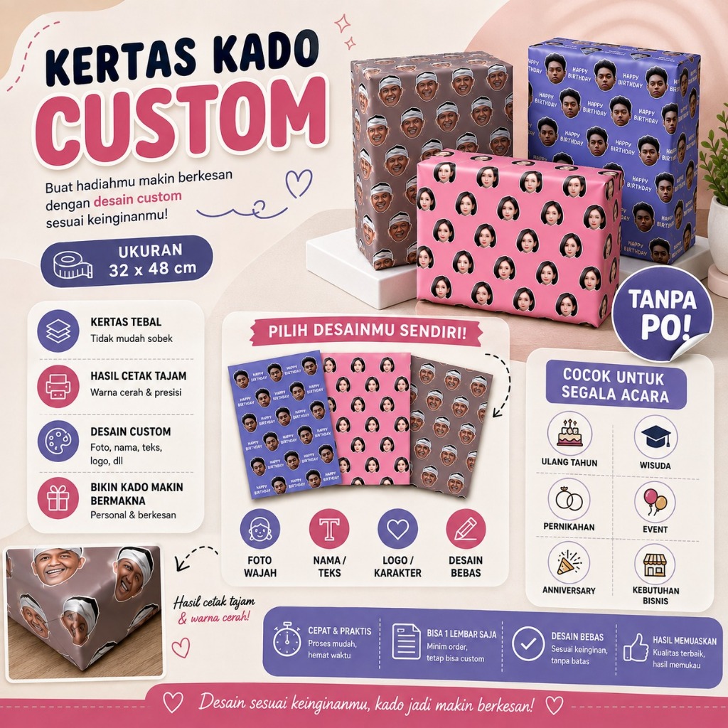 KERTAS KADO CUSTOM WAJAH  / KERTAS KADO FOTO & TULISAN | Kertas Kado aesthetic