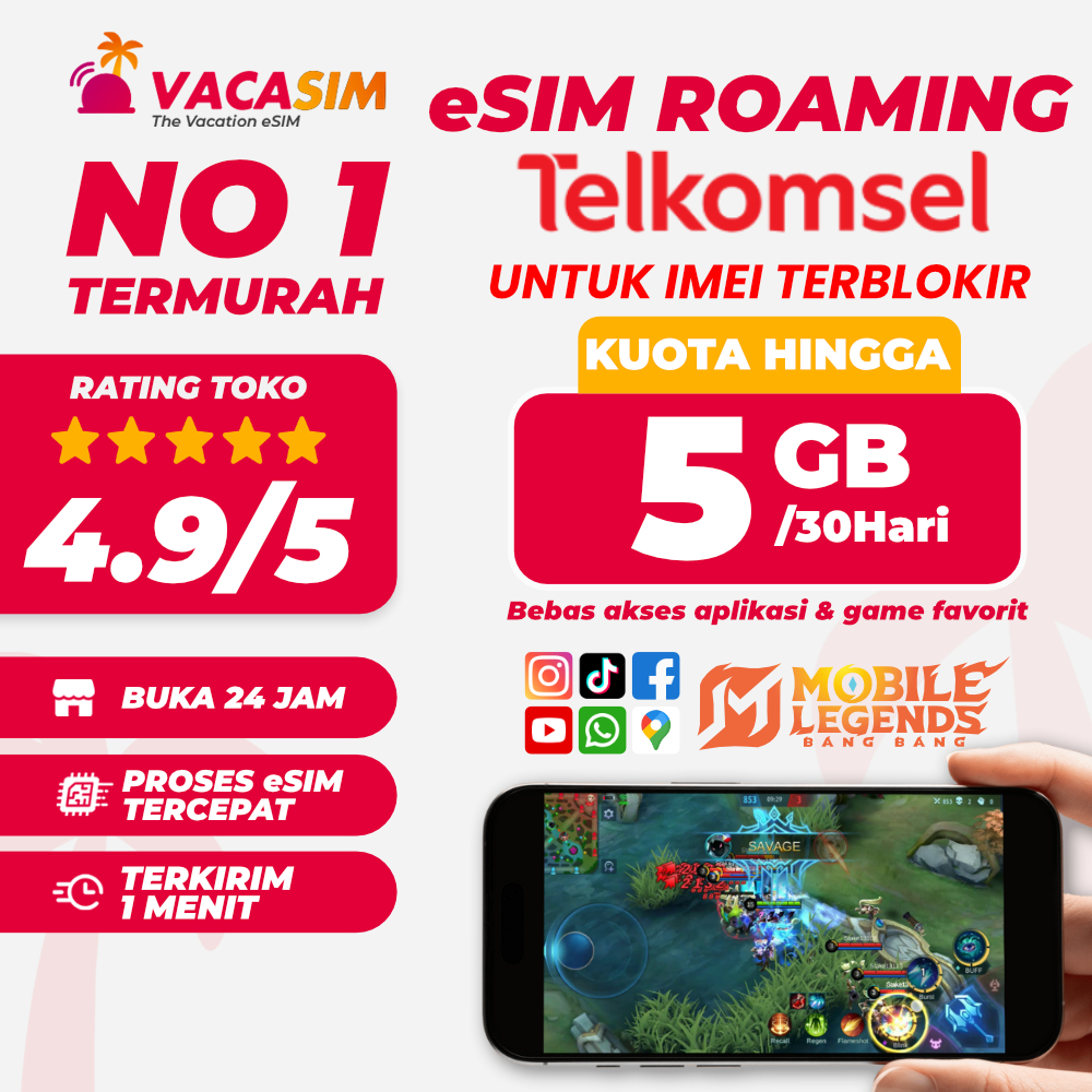 eSIM Indonesia Roaming Telkomsel 1GB-5GB Data Kuota Internet 7 Hari-30 Hari | eSIM IPHONE INTER | eS