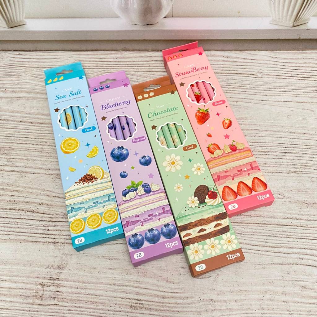 1 Lusin 12 PCS Pensil 2B Motif Dessert Kue Buah PNS-2330 Varian Cokelat, Krim Blueberry, Stroberi da