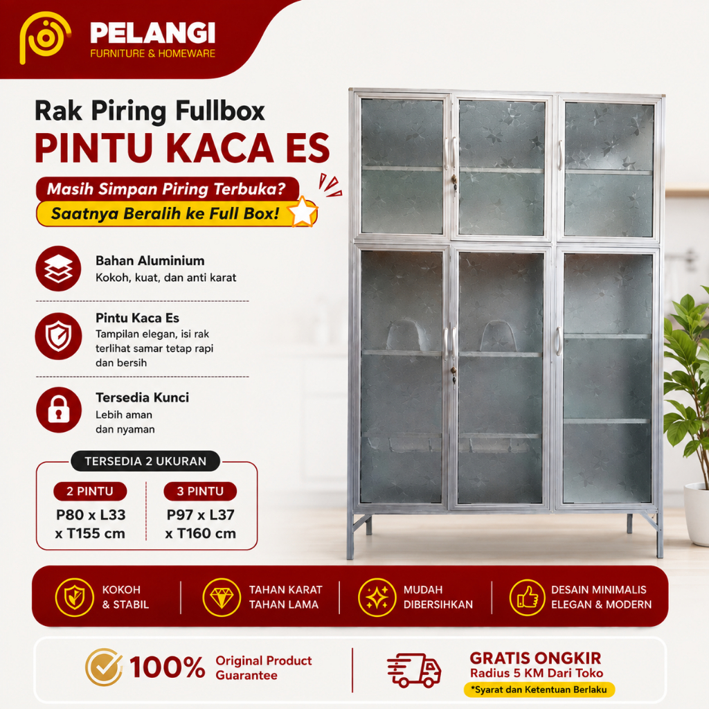Rak Piring Fullbox 2 Pintu Kaca Es | Lemari Fullbox 3 Pintu Kaca Es | Rak Piring | Lemari Piring