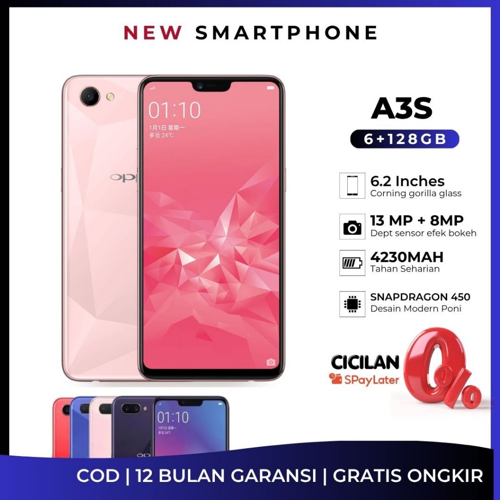 HP OPPO A3S RAM 6/128GB 4G LTE - Warna Biru, Fullset, Garansi 12 Bulan