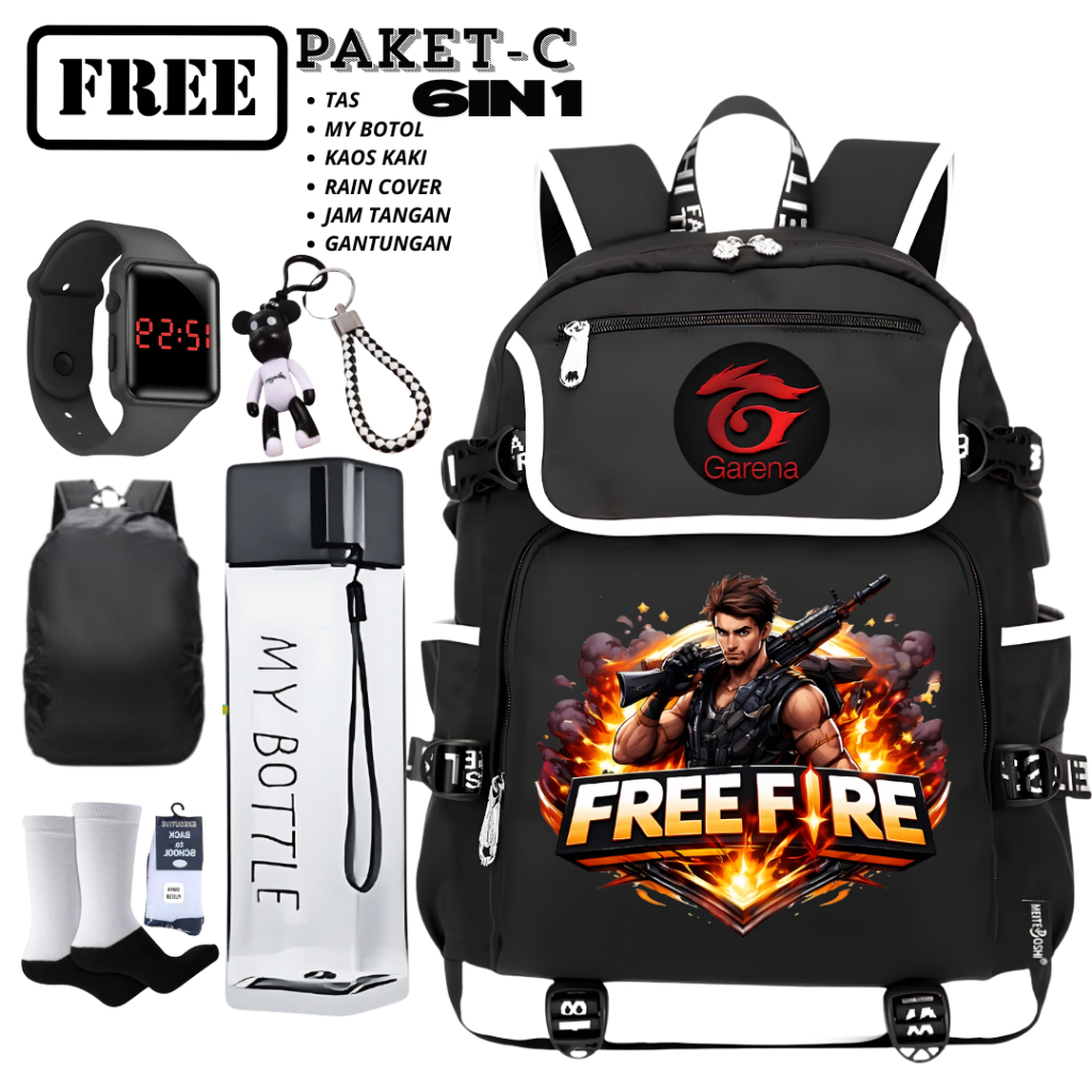 TAS RANSEL SEKOLAH ANAK LAKI LAKI GAMERS KARAKTER FREE FIRE X SENJATA API KEREN TRENDY, SET BONUS 6I