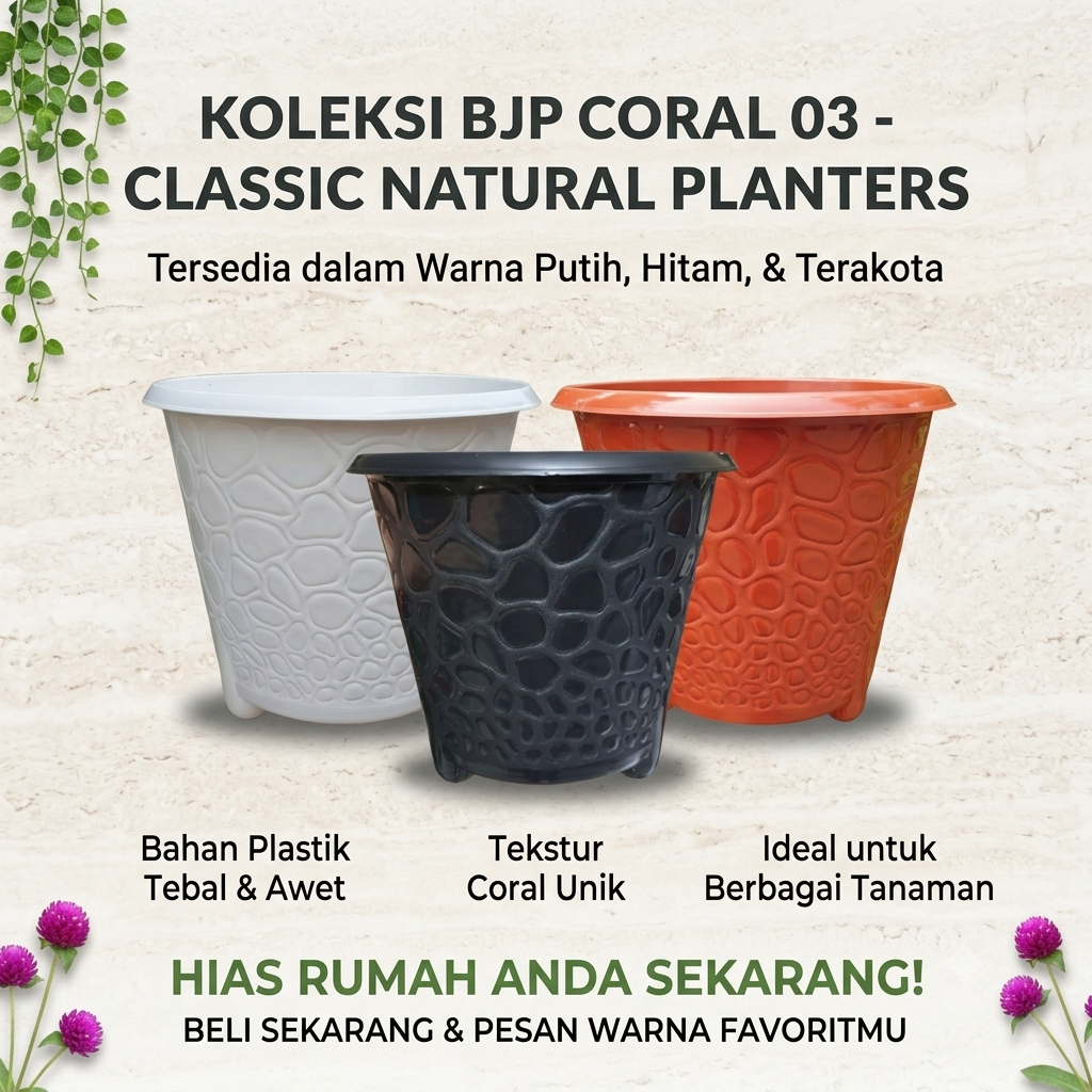 Pot Coral 03 Plastik Motif Batu Alam Putih Hitam Merah Bata 20cm Diameter 22cm