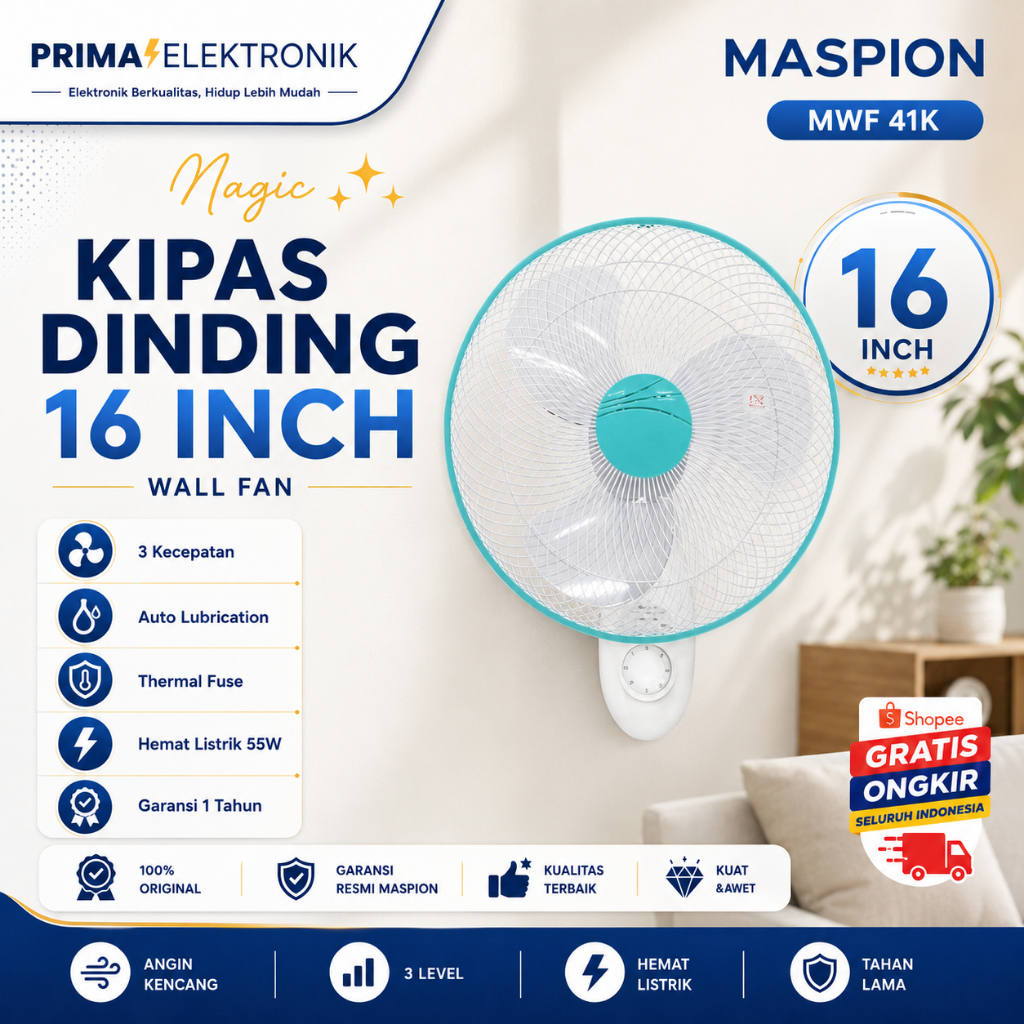 MASPION KIPAS DINDING MWF 41K KIPAS ANGIN/MWF41K/MWF-41K/MWF 41K/ORIGINAL MASPION/BERGARANSI RESMI