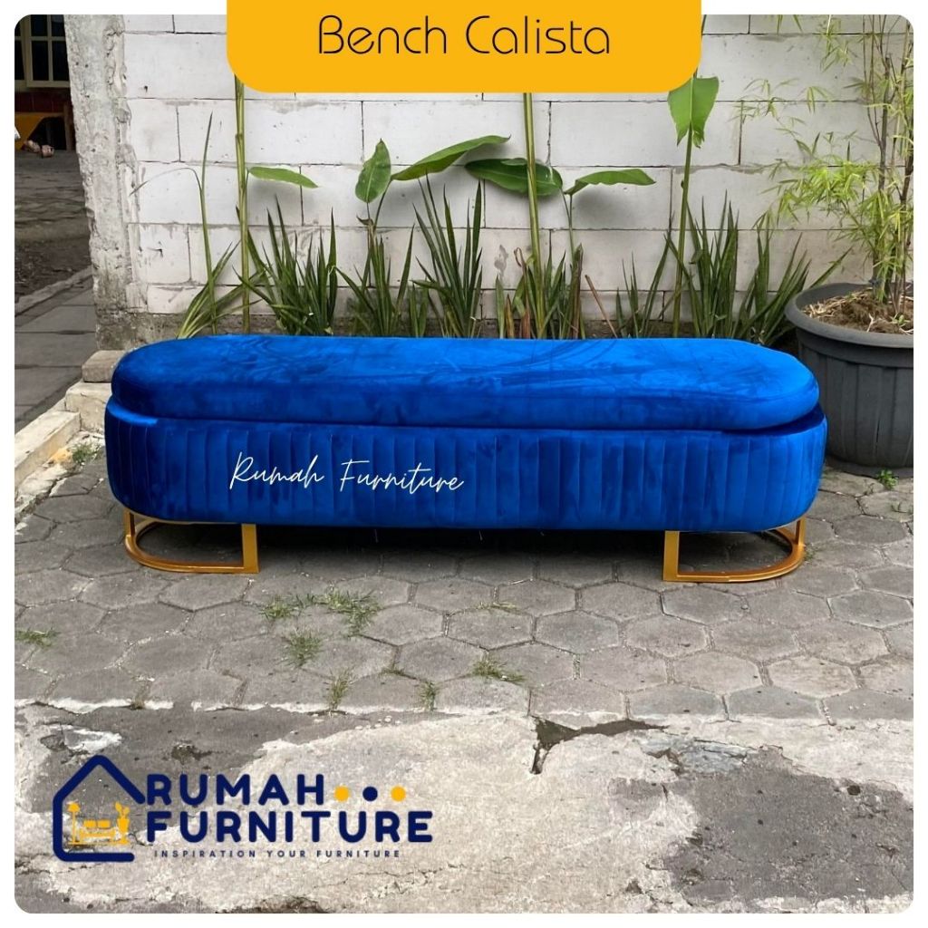 Bench Calista P 150 cm Sofa Bench Pelukis Biru dengan Kaki Emas untuk Ruang Tamu