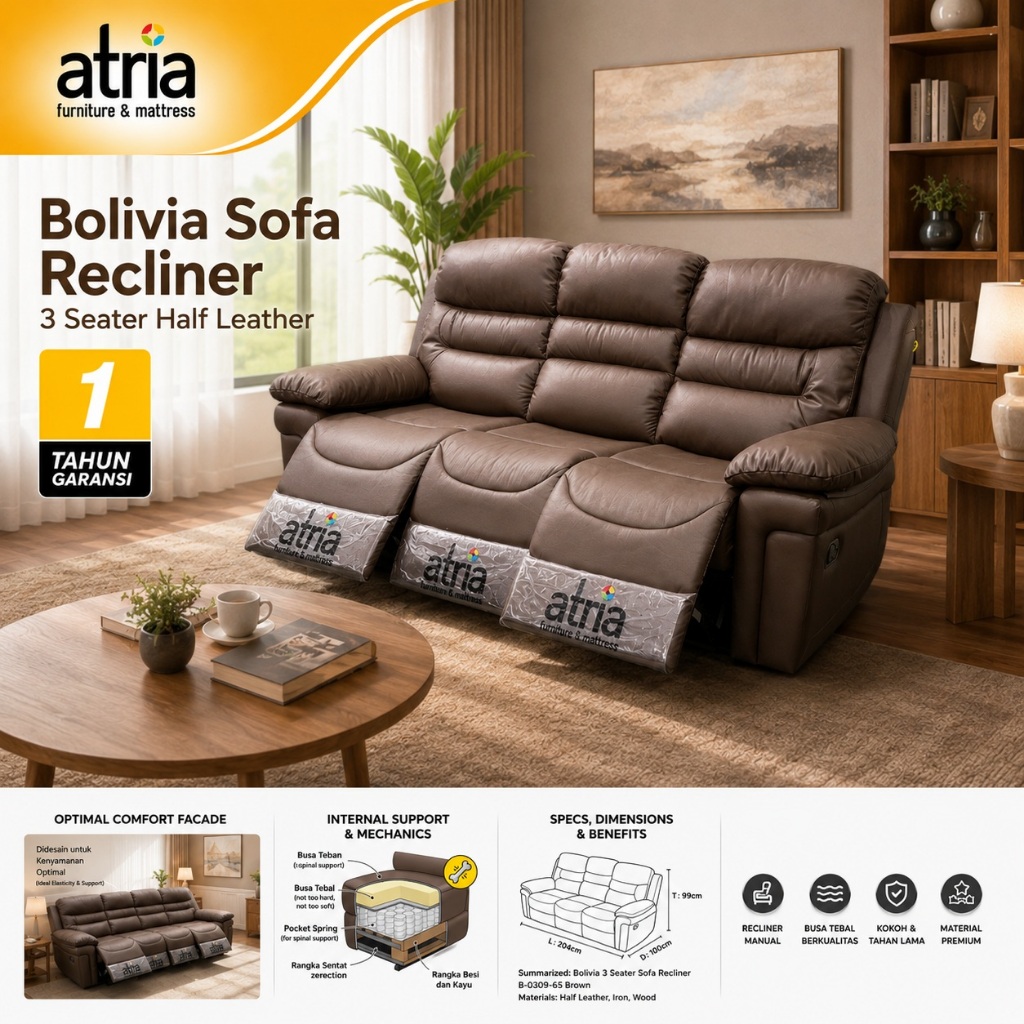 Atria Bolivia Sofa Recliner 3 Seater Half Leather  B-0309-65 Brown