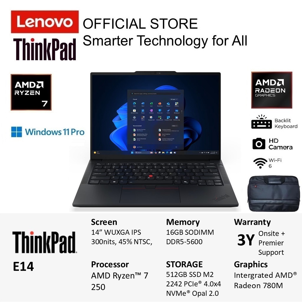 Lenovo ThinkPad E14 Ryzen 7 250 16GB 512GB Win11Pro 14" Include Asuransi