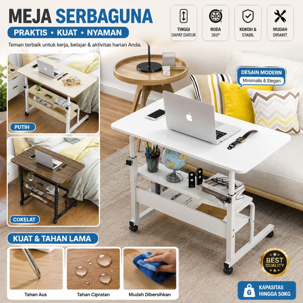 TaffHOME Meja + Rak Buku 60x40cm Adjustable Portable Laptop Desk Tiga Tingkat Portable Adjustable Li
