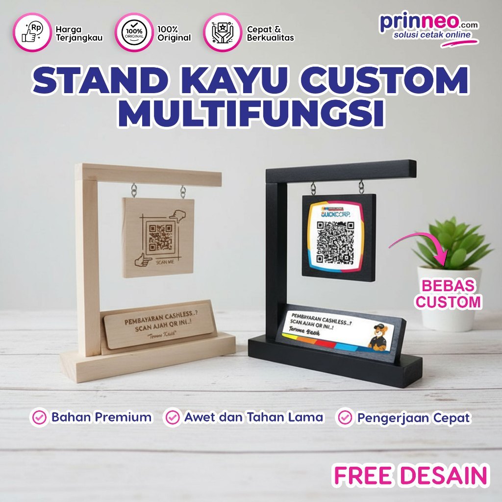 Display Kayu Estetik Custom | Stand QR Code, Nomor Meja, Logo Perusahaan, Tempat Menu Cafe & Resto