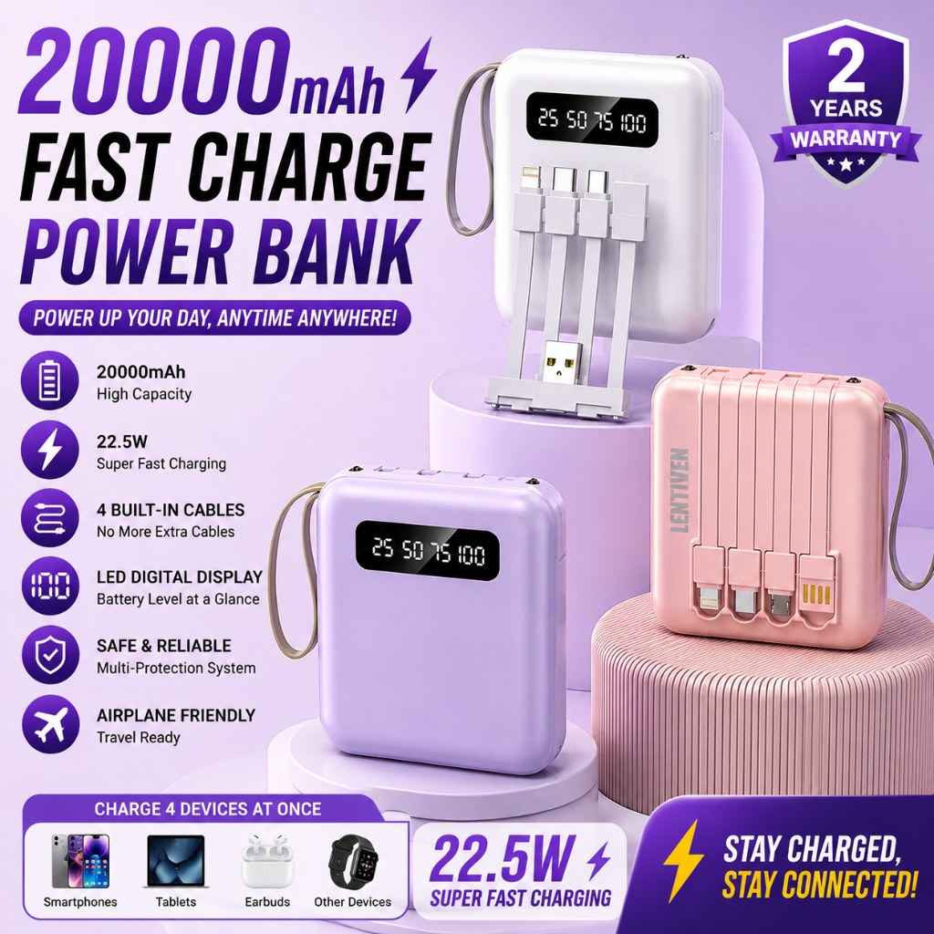 PUNING LENTIVEN Powerbank 20000mAh Mini Size 4 Kabel Data USB Fast Charging LED Display Senter