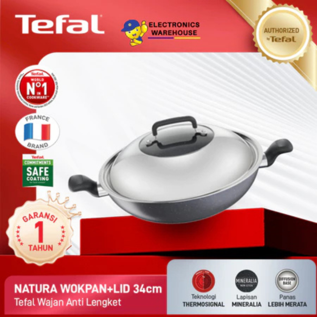 Tefal Wajan Kuali Penggorengan Anti Lengket Natura Wokpan 34cm + Lid Original