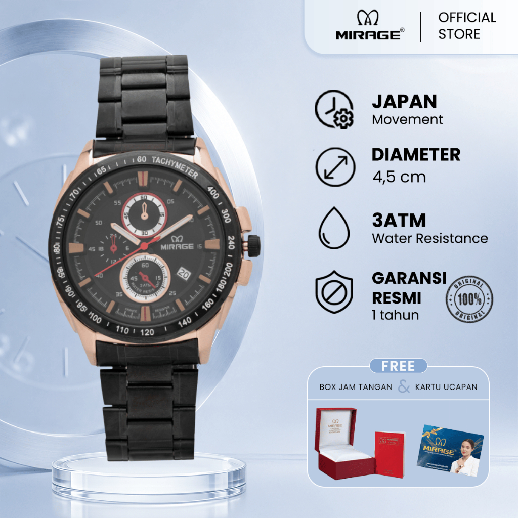 Mirage Jam Tangan Original Pria Analog 7614 M Black Rose Gold Original Stainless