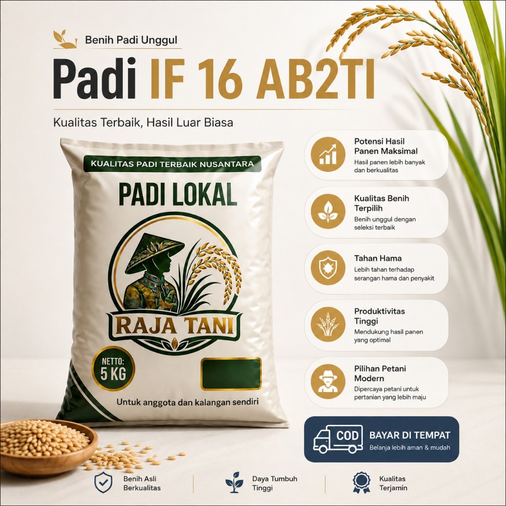 Benih Bibit Padi IF 16 AB2TI Kualitas Super Unggul Kemasan 5kg Original Produk RAJA TANI
