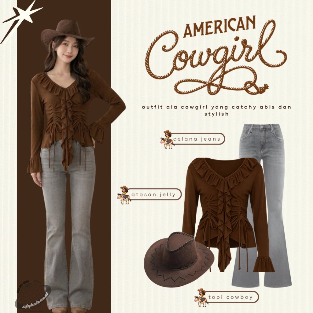 Outfit Remaja Ala Cowgirl (Eleanor Ruffle Coklat + Celana Cutbray Dark Grey (29) +  Topi Coboy Cokla