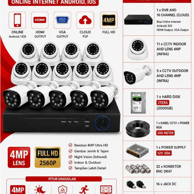 PAKET CCTV 16CHANEL FULL HD 4MP(LNGKAP TGGL PSANG AJA)