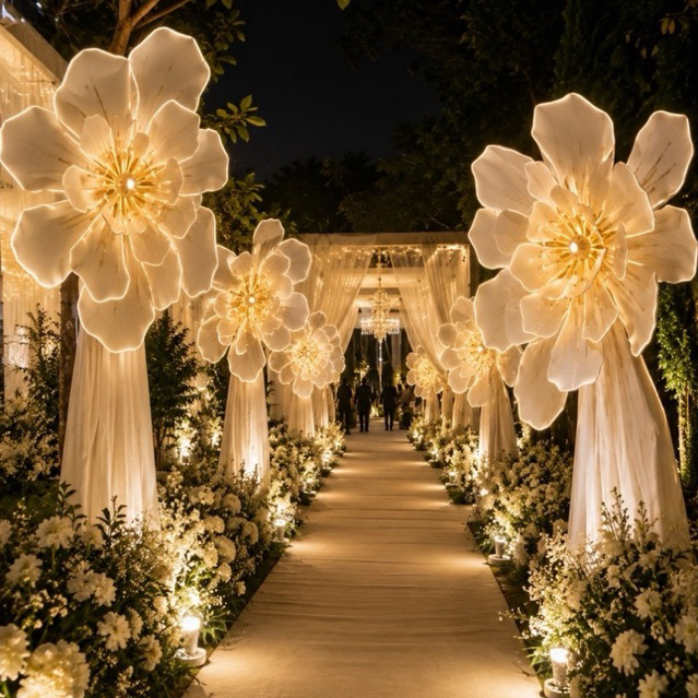 Dekorasi Pelaminan Wedding Elegan Bunga Artificial LED | Backdrop Pernikahan Mewah | Dekorasi Weddin