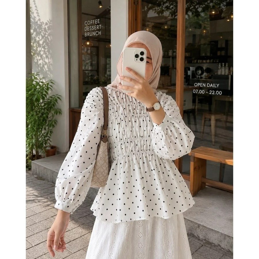 BEFAST FASHION - ZER BLOUSE NEVE POLKADOT MOTIF ELEGAN OUTFIT HIJAB WANITA ALA CEWE CANTIK BANDUNG /