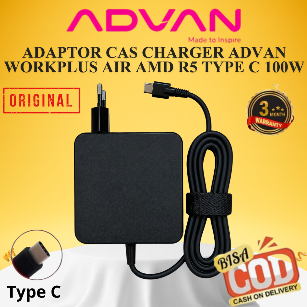 Adaptor Cas Charger ADVAN Workplus Air AMD R5 Type C 100W Warna Hitam