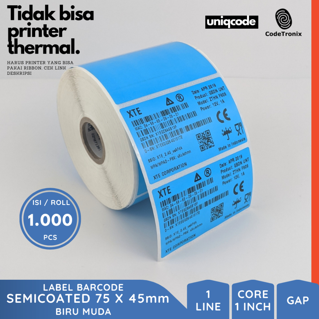 Label Stiker Kertas Semicoated 75x45 Barcode Sticker Roll Warna 1 Line 1000 pcs