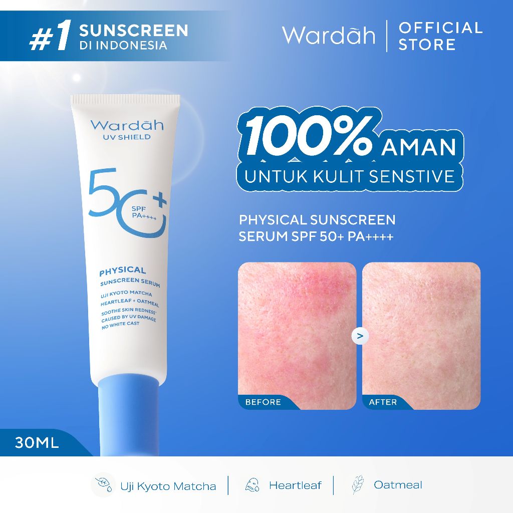 Wardah Sunscreen UV Shield Physical Serum SPF 50 PA 30 ml - Sunscreen Wajah Ringan, Tidak Whitecast,